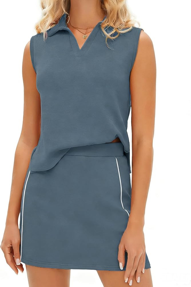 Glamaker Womens Two Piece Skirt Set Summer Tennis Outfits Casual V Neck Sleeveless Top Short Skor... | Amazon (US)