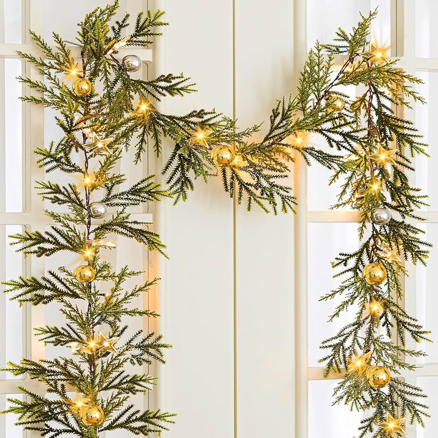 6FT Artificial Christmas Garland Faux Spruce Evergreen Garland Prelit with 20 LED Lights, Battery... | Amazon (US)