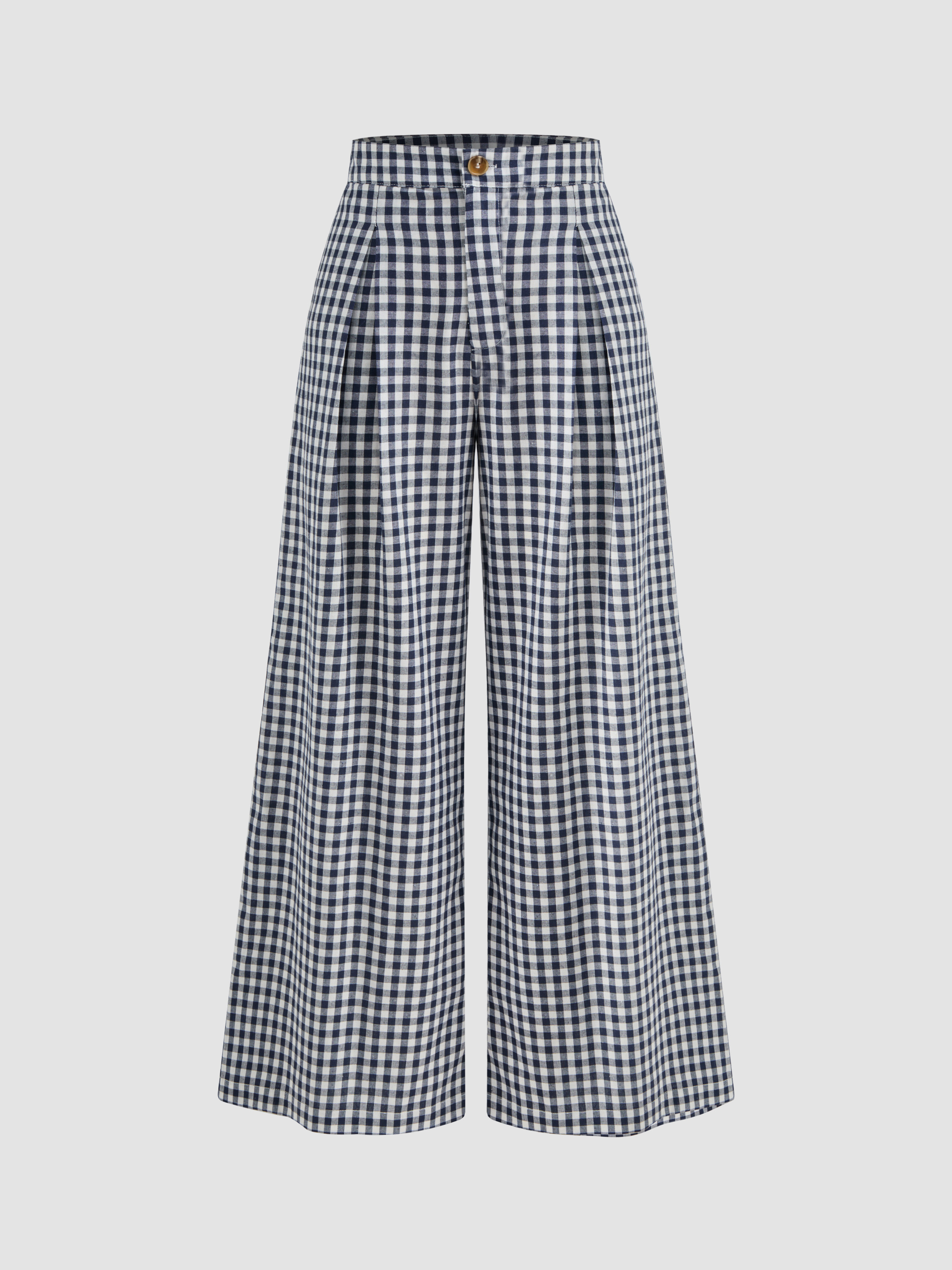 Woven Cotton-blend High Rise Gingham Pocket Wide Leg Trousers For School | Cider