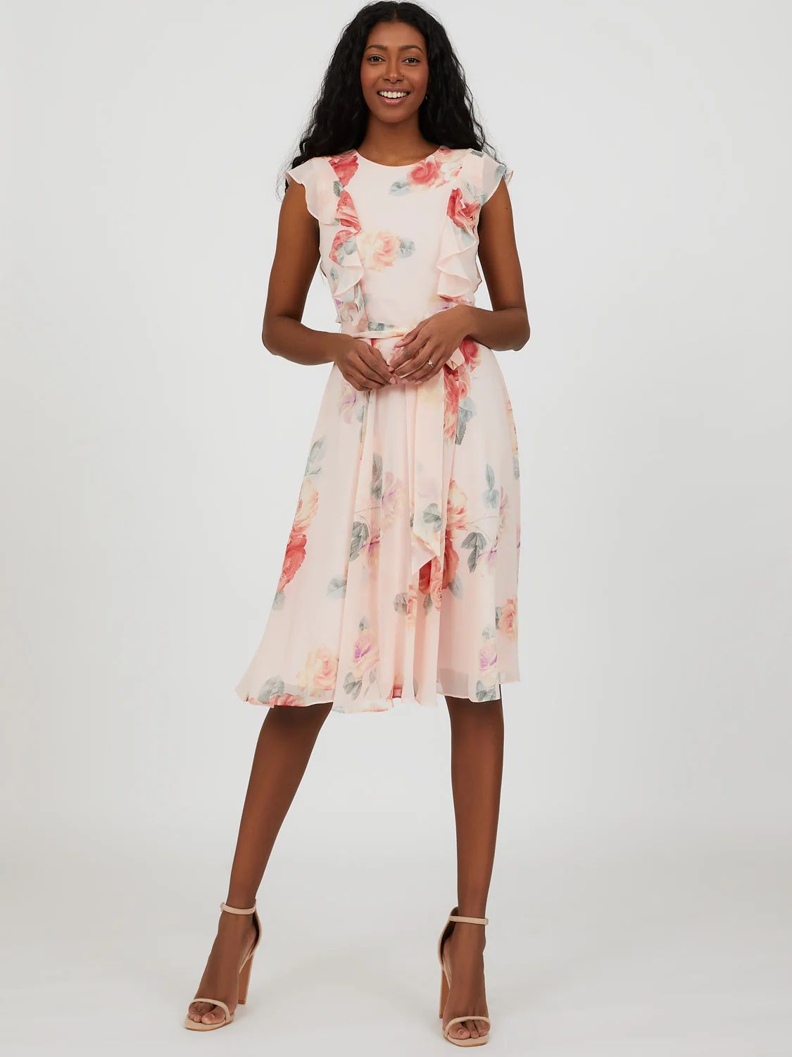 Ruffle Fit & Flare Floral Midi Dress | Suzy Shier