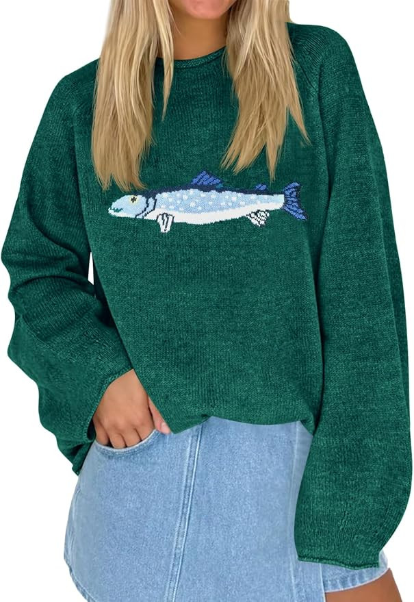 Tankaneo Womens Fish Graphic Oversized Sweaters Lightweight Knit Pullover | Animal Pattern,Crew N... | Amazon (US)