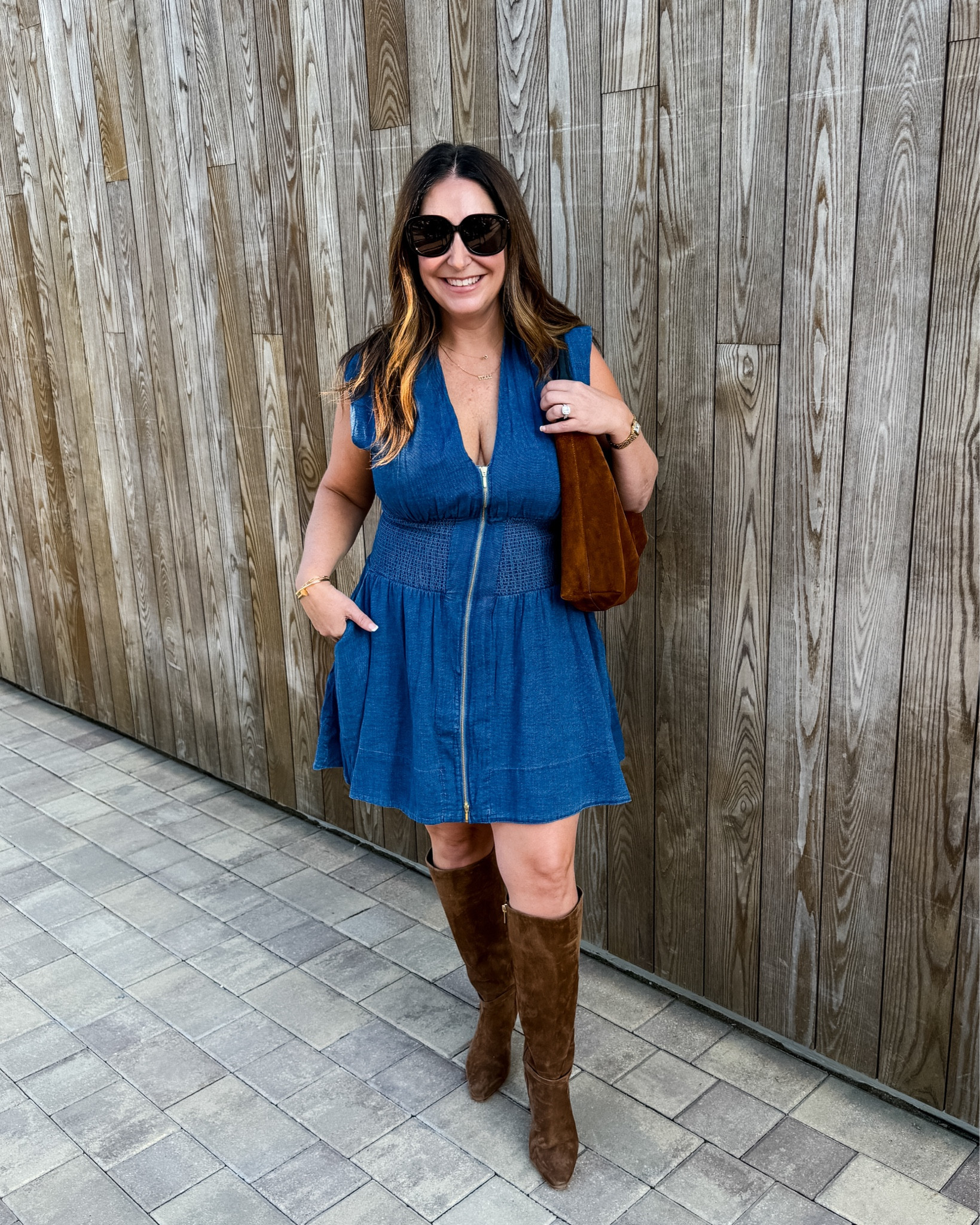 This denim dress was the perfect outfit for the LTKCon x A&F Denim themed party! It's lightweight, stretchy and fully zips seeing that I had like 5 min to change to my next event! Wearing large tts, boots tts in wide calf #LTKCon 

 

#LTKOver40 #LTKMidsize