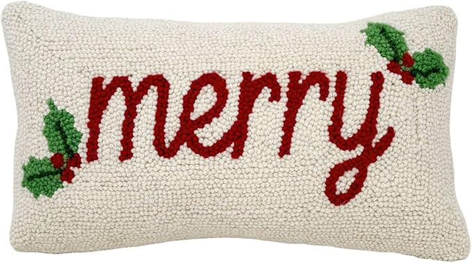 Hand Hooked Christmas Pillow - 9X16 inches Throw Pillow for Couch or Dorm (Merry) | Amazon (US)