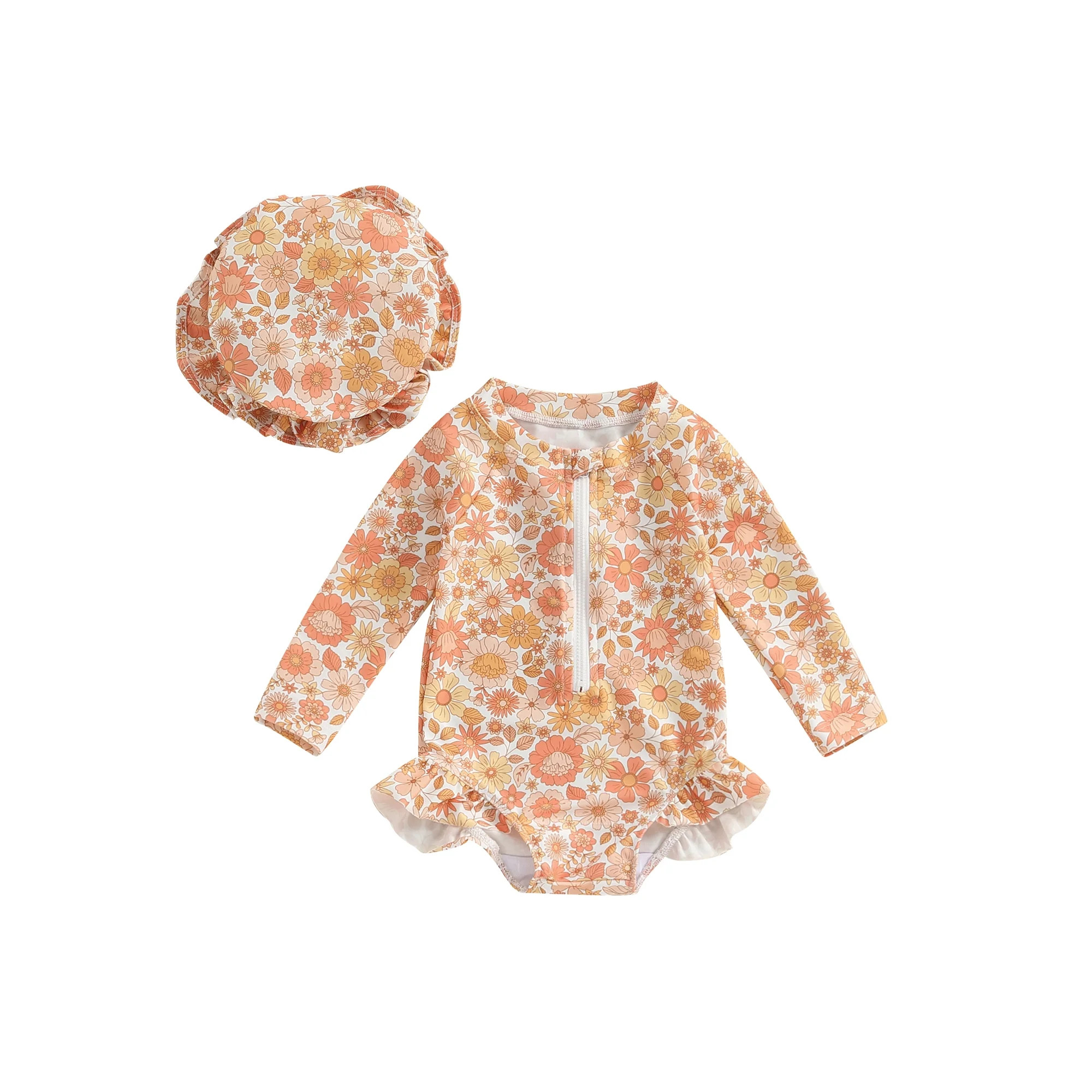 Sylvamorning  Toddler Baby Girls Swimsuit 2Pcs Flower Print Long Sleeve Zipper Romper Swimwear + ... | Walmart (CA)