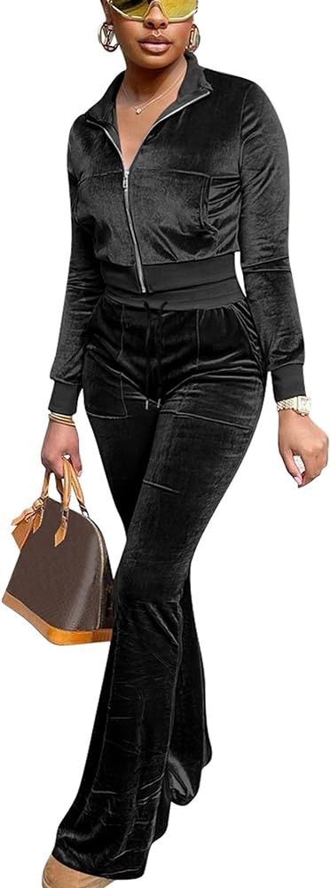 FIVCAT Women Velour Sweat Suits 2 Piece Outfits Tracksuits Long Sleeve Zip Up Jacket Flare Pants ... | Amazon (US)