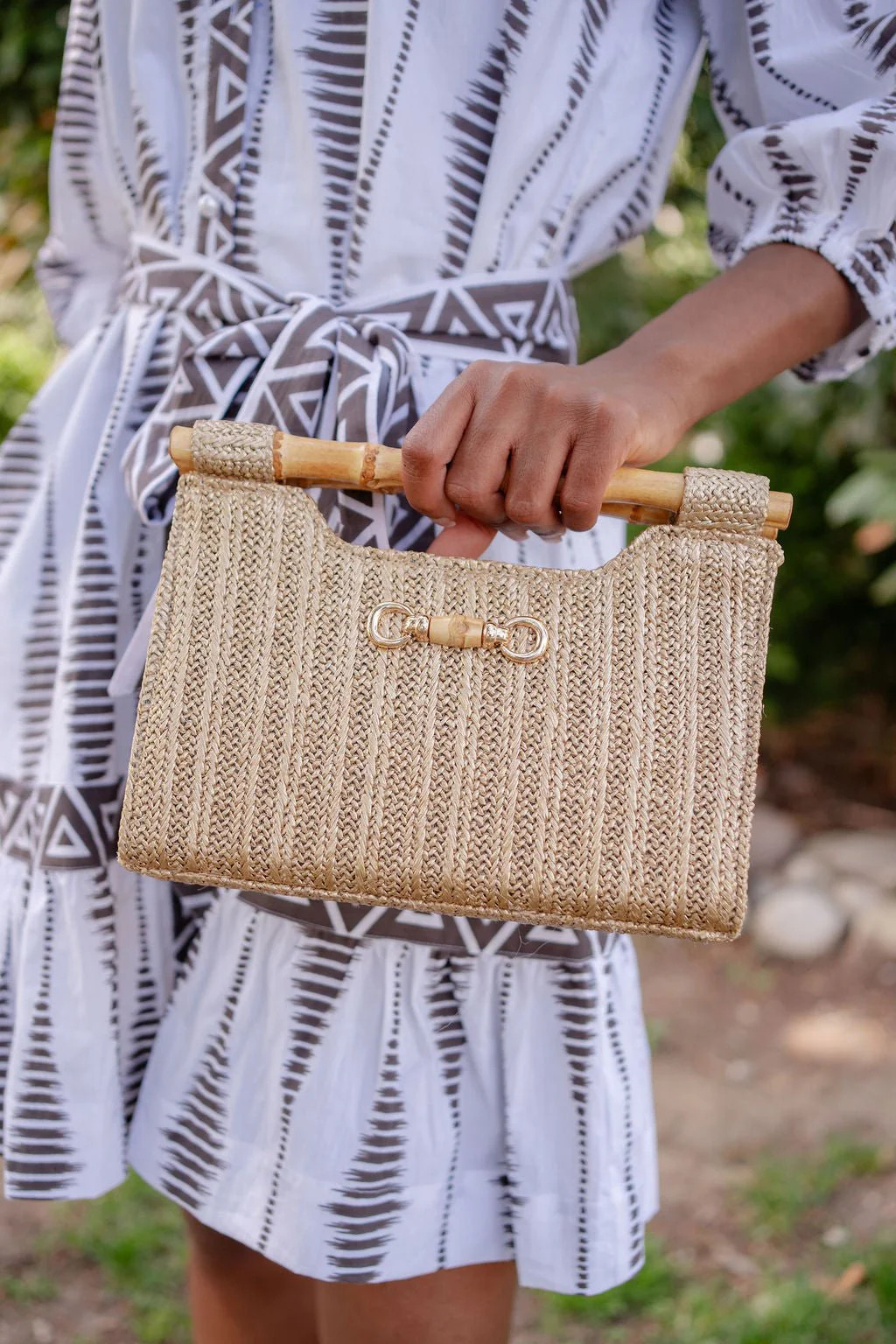 Mary Gold Straw Clutch - Bamboo Natural Handle | Lisi Lerch Inc