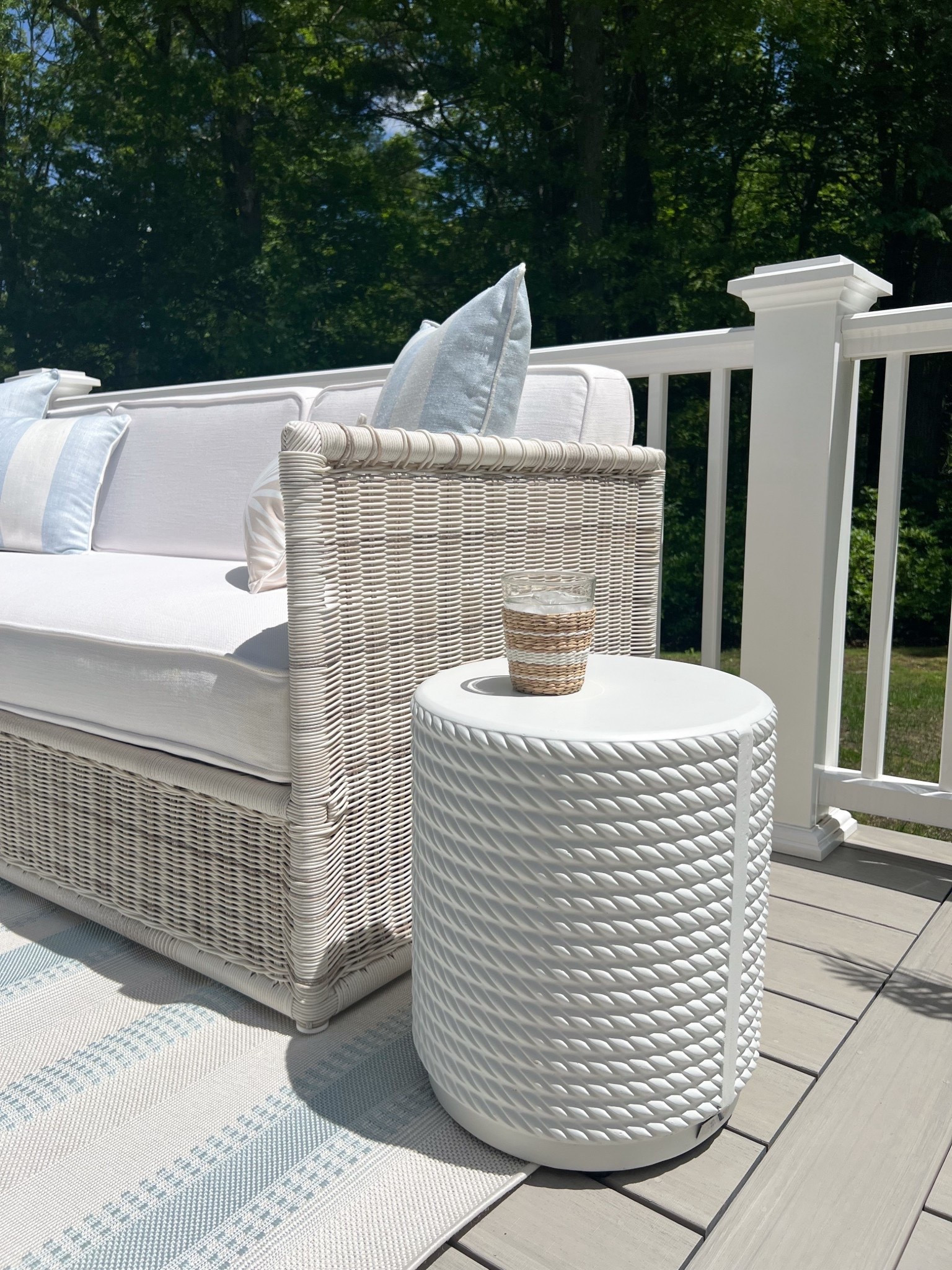 How pretty is this side table from Wayfair?! It has such a great price point and I love that the texture along the side gives off nautical rope vibes!
-
coastal home decor, coastal style, wayfair outdoor decor, deck decor, patio decor, indoor/outdoor pillows, blue pillows, striped pillows, outdoor couch pillows, indoor/outdoor rugs, outdoor ideas, beach house decor, lake house decor, wayfair outdoor furniture, outdoor coffee tables, outdoor side tables, outdoor drink tables, outdoor rugs, wayfair rugs, white coffee tables, white side tables, round coffee tables, outdoor living room furniture, striped rugs

#LTKSaleAlert #LTKHome