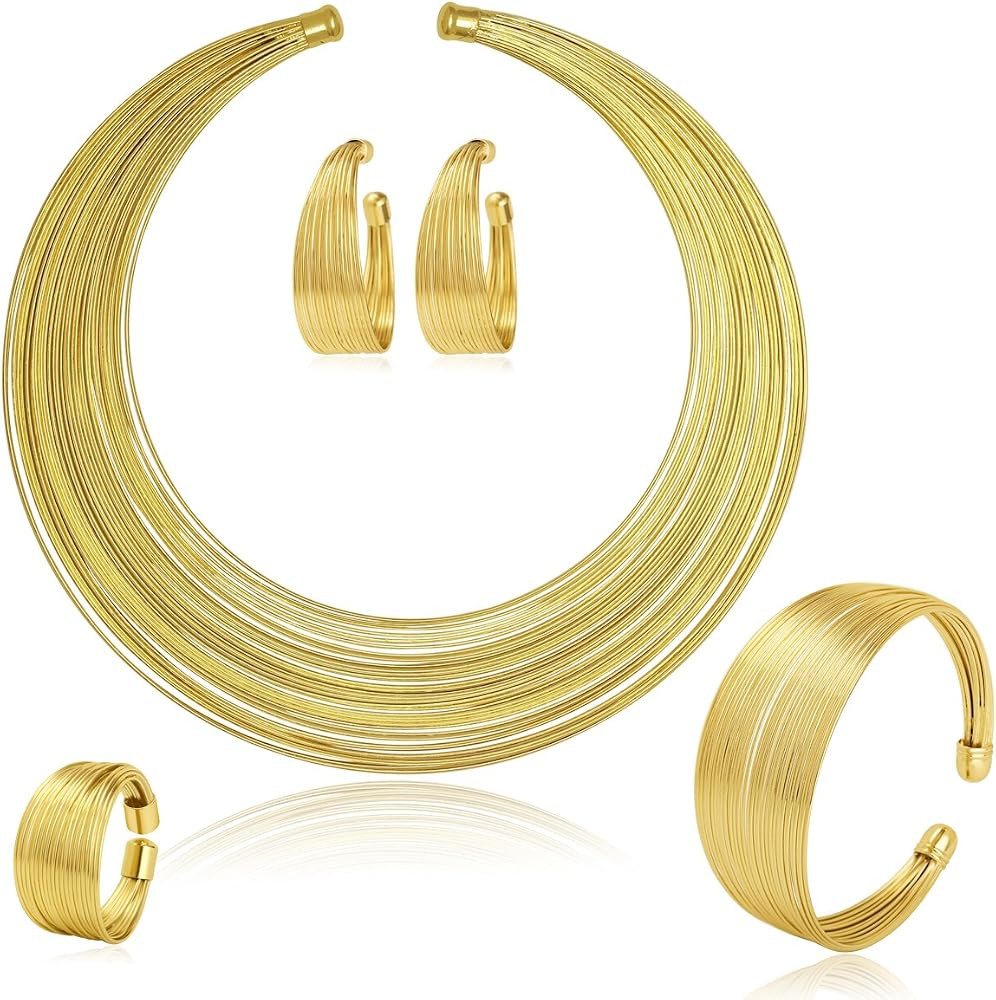 MOOCHI Gold Plated African Multiple Strands Choker Women Necklace Earrings Chunky Costume Stateme... | Amazon (US)