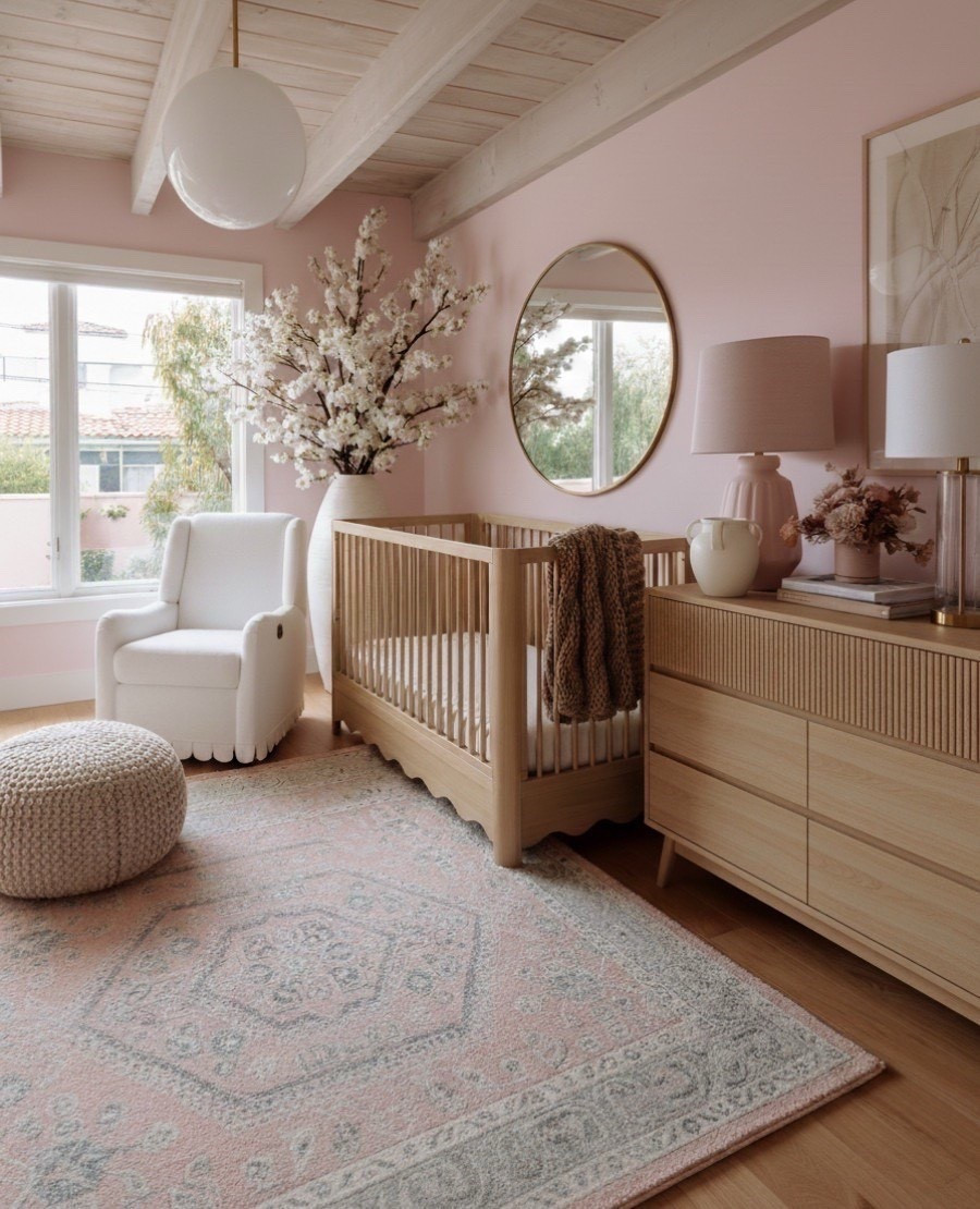 A soft and charming pink nursery that feels both warm and timeless. The walls are painted in a blush tone that sets the stage for natural textures — from the light oak baby crib and fluted wood dresser to the cozy ivory swivel glider chair. A round gold-framed mirror reflects light beautifully above the dresser, styled with a pink ceramic table lamp, white ceramic pitcher, and textured floral arrangement. The vintage-inspired pink and gray rug adds subtle pattern underfoot, tying together the modern and classic elements. A white globe pendant light and large ceramic vase with blooming faux branches complete this serene, design-forward baby room — perfect for modern parents who love an elevated, organic look.

Shop the look:
Light oak crib | Fluted wood dresser | Pink ceramic lamp | White swivel glider chair | Round gold mirror | Vintage pink and gray area rug | Globe pendant light | White ceramic vase | Faux cherry blossom stems | Knit pouf ottoman | White ceramic pitcher | Framed neutral wall art 

#LTKHome #LTKSaleAlert