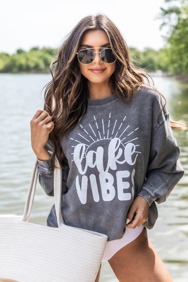 Lake Vibes Charcoal Corded Graphic Sweatshirt | Pink Lily