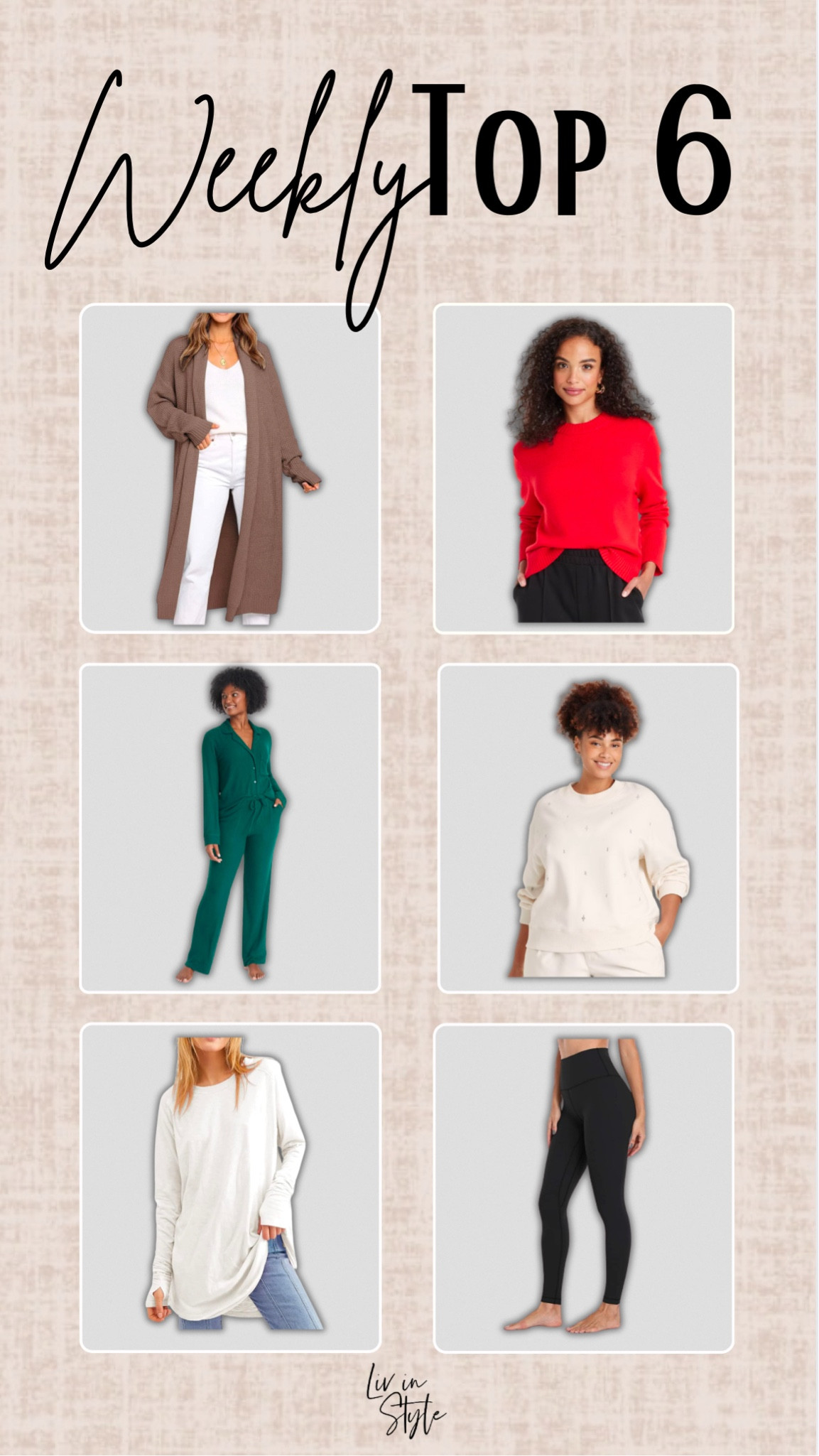 This week’s top 6! The coziest cardigan, two sweaters perfect for the holidays, my favorite pajamas, leggings and layering top!

#LTKHoliday #LTKCyberWeek #LTKStyleTip