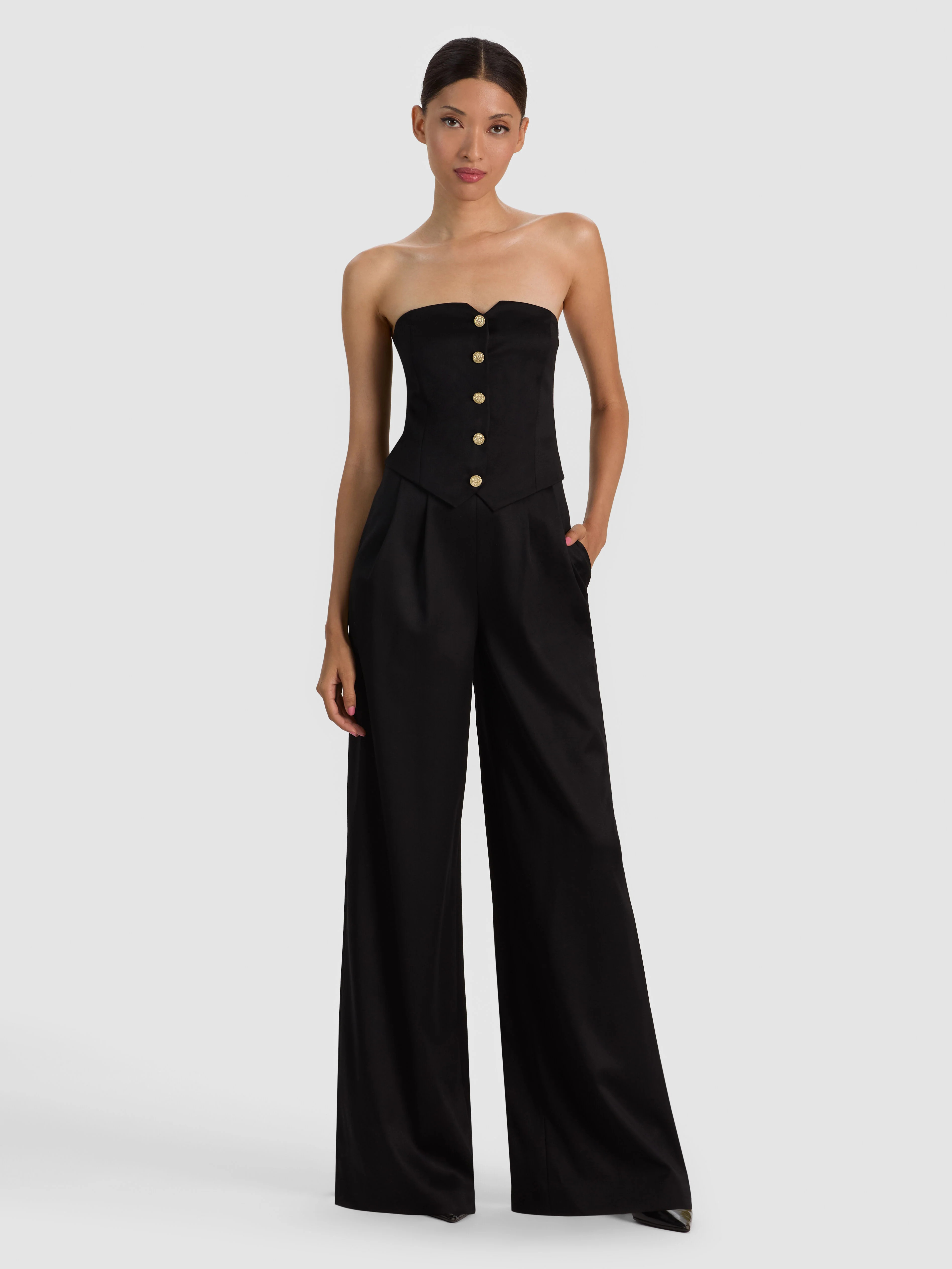 KELCEY STRAPLESS WOOL JUMPSUIT in BLACK | ALICE + OLIVIA | Alice + Olivia