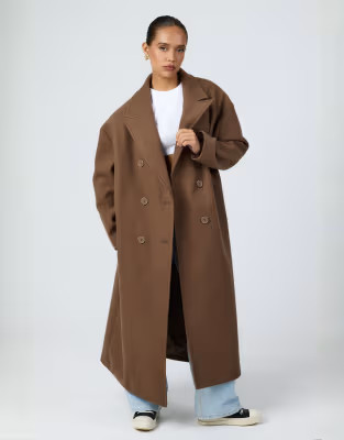 Aria Cove wool look formal double breasted longline maxi coat in brown | ASOS (Global)