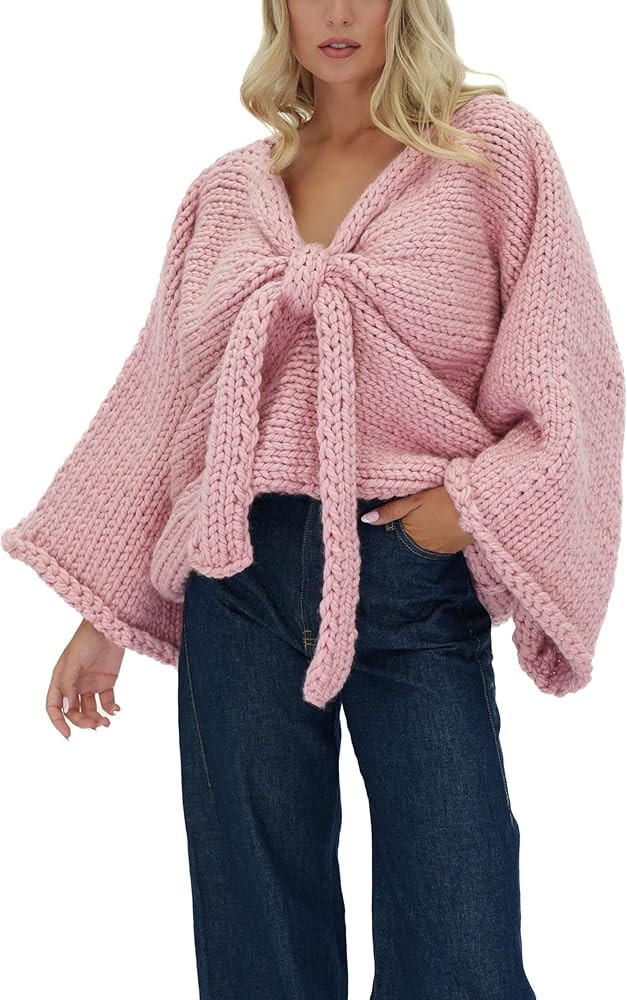 Women Y2k Bow Sweater Oversized Long Bell Sleeve Knitted Pullover Sweaters Preppy Jumper Tops Kni... | Amazon (US)