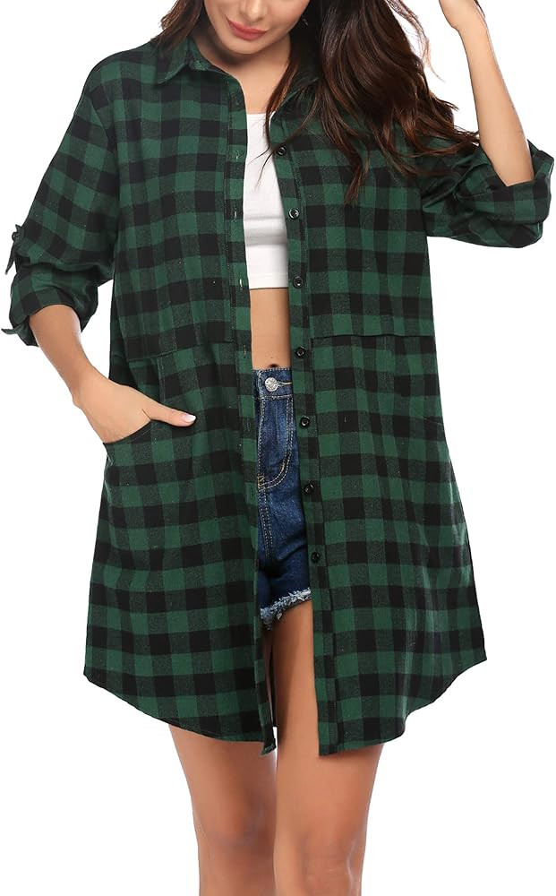 HOTOUCH Womens Flannel Plaid Shirts Roll Up Long Sleeve Pockets Mid-Long Casual Boyfriend Shirts | Amazon (US)