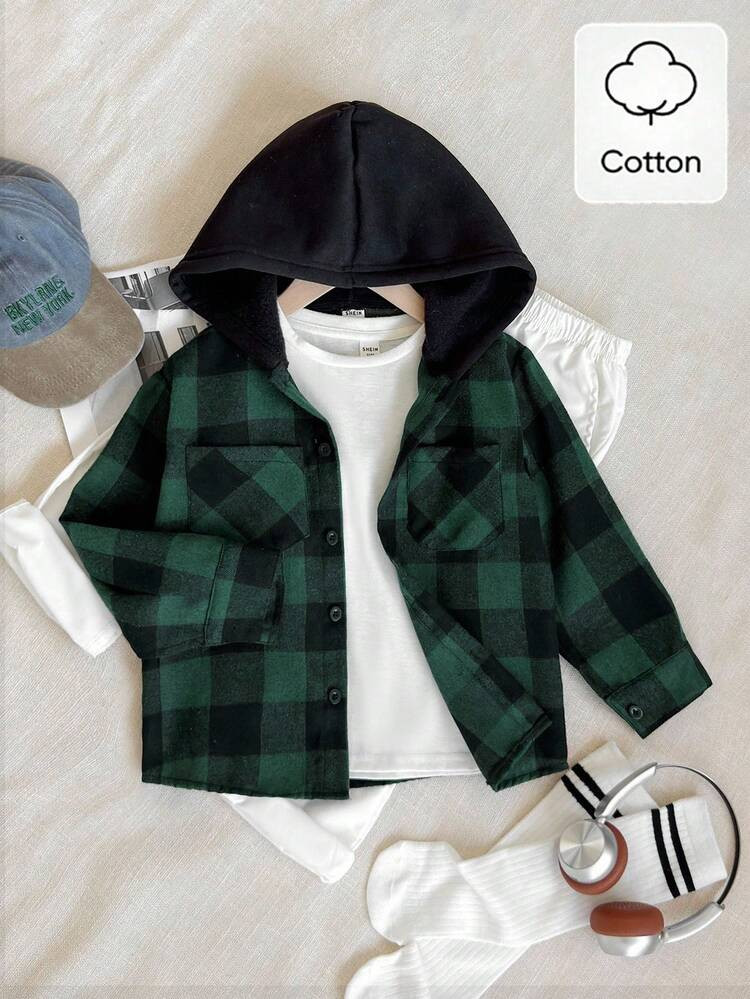 SHEIN Playful Pals Boys' Plaid Pattern Hooded Jacket, Spring/Autumn Boys Flannel Plaid Shirt Boys Hooded Shirt Cotton Boys Shirt Boys Button Down Shirt Green Plaid Shirt Boys Fall Winter | SHEIN