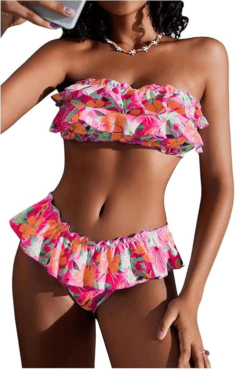 WDIRARA Women's Floral Bikini Set 2 Piece Bandeau Layered Ruffle Swimsuit Strapless Bathing Suit | Amazon (US)