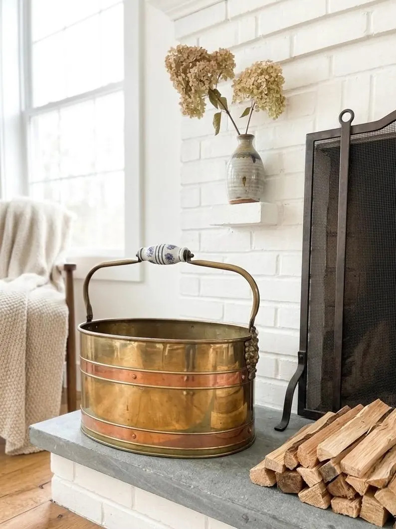 Vintage Brass Copper Coal Hod Bucket | Lion Head Handles, Porcelain Grip, Farmhouse Decor | Etsy (Global)