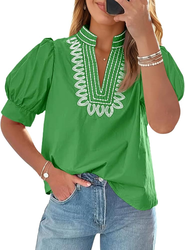 Cicy Bell Womens Puff Short Sleeve Blouses Dressy Embroidered Boutique Tops | Amazon (US)