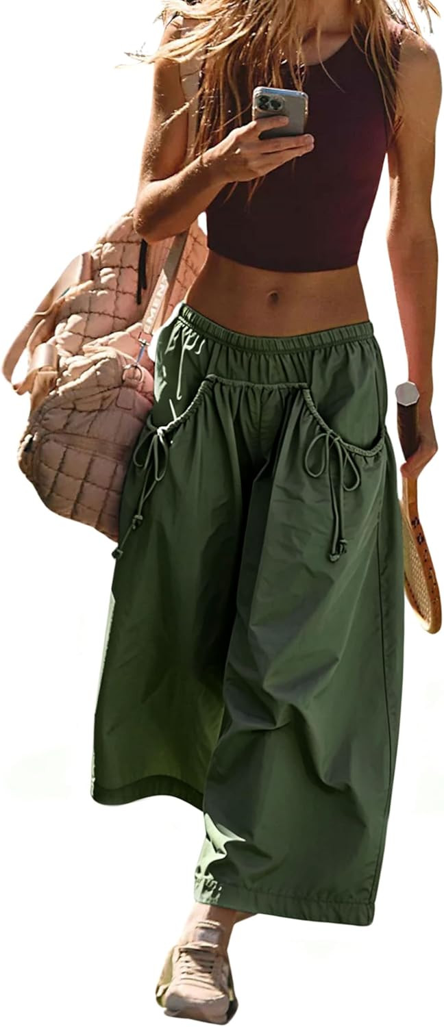 Hooever Women's Loose Wide Leg Track Pants Drawstring Pockets Elastic Waist Capri Hiking Pants | Amazon (US)
