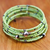 6"" Vintage Handmade Green Beads Wrap Around Bangle Bracelet With Sterling 925 Silver Beads, Tested | Etsy (US)