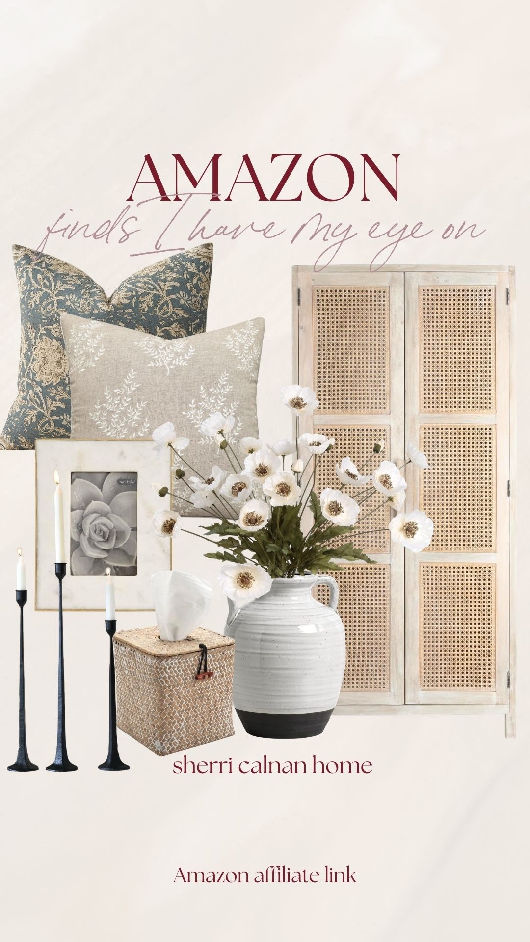 Neutral Amazon home finds including rattan cabinet, patterned throw pillows, ceramic vase with faux flowers, marble frame, and taper candle holders.

amazon home decor finds, rattan cabinet decor, neutral throw pillows, ceramic vase decor, marble picture frame, taper candle holders, neutral home styling, coastal decor finds, sherricalnanhome

#LTKHome