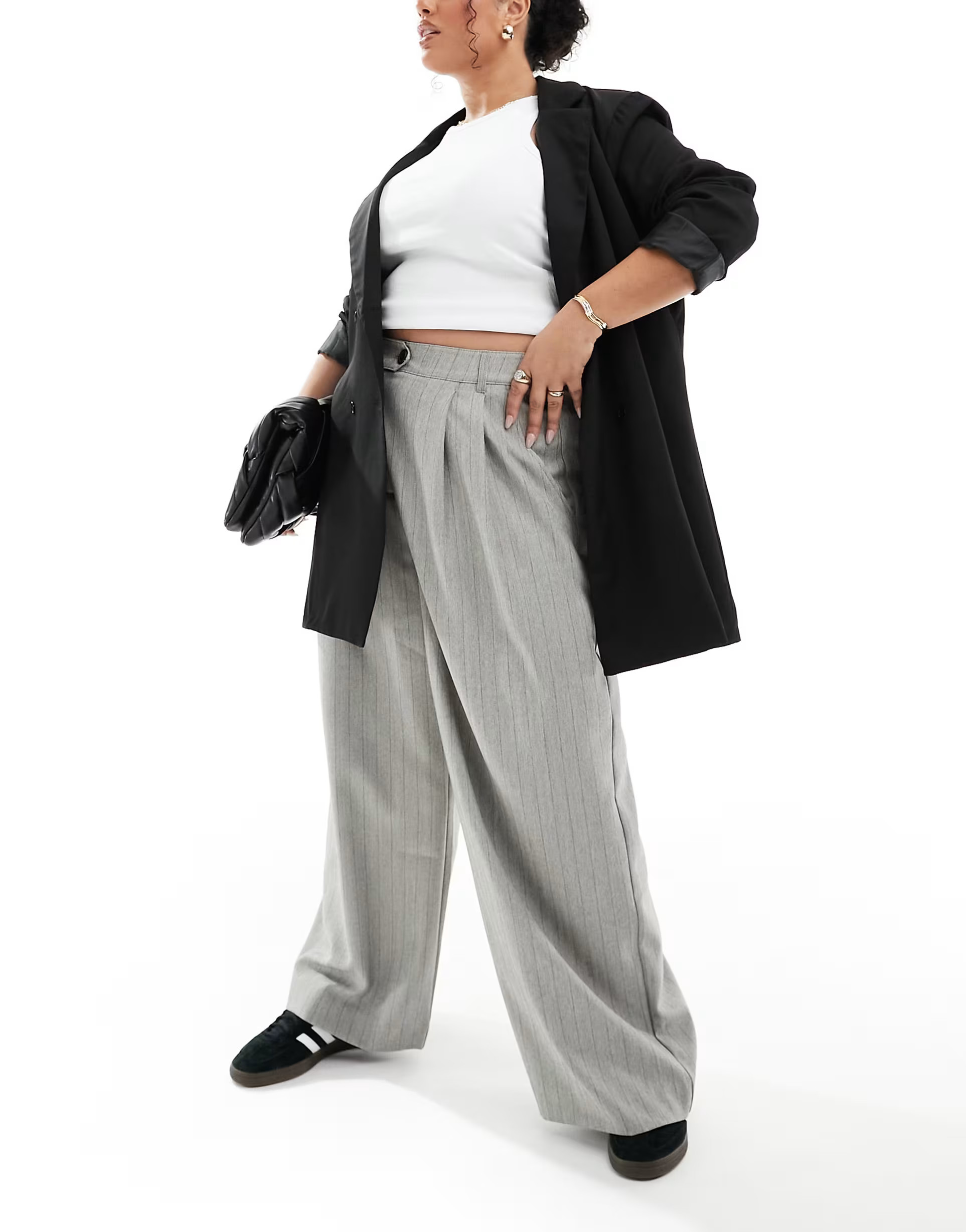 ASOS DESIGN Curve tailored wide leg pants in gray textured stripe | ASOS (Global)