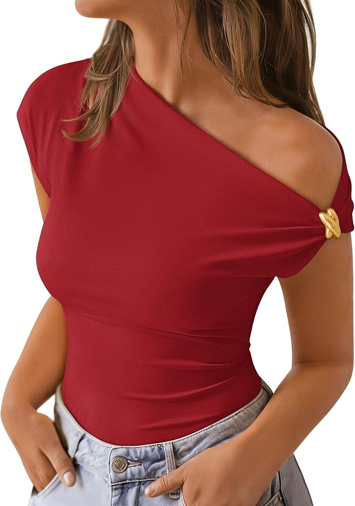 ZESICA Women's Summer Off Shoulder Tops Going Out Y2k Asymmetrical Shirts | Amazon (US)