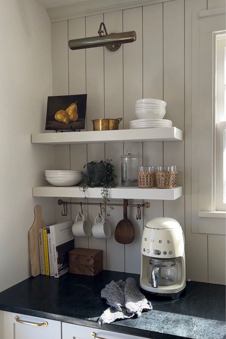 Kitchen open shelves, small brass pot rail, picture light - Styled coffee bar - kitchen decor 

#LTKFind #LTKhome