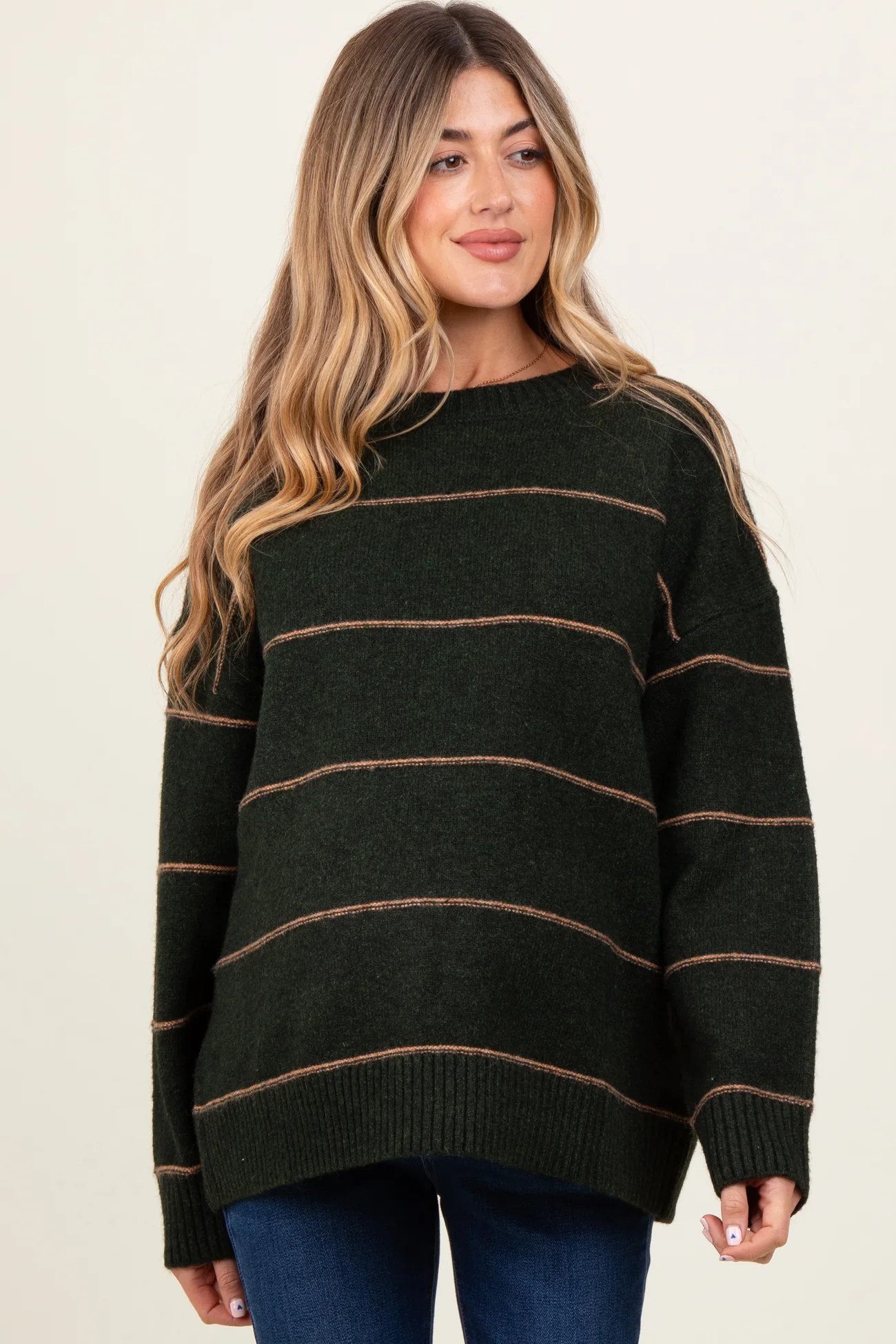 Olive Striped Drop Shoulder Maternity Sweater | PinkBlush Maternity