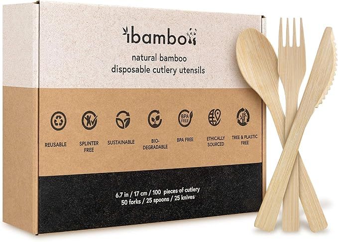 Bamboo Cutlery Set - 100 Biodegradable Utensils (50 Forks, 25 Spoons, 25 Knives) | Reusable or Di... | Amazon (US)