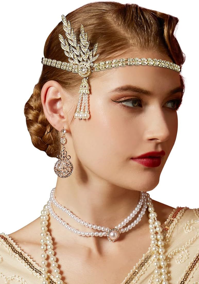 Art Deco 1920s Flapper Great Gatsby Leaf Wedding Bridal Tiara Pearl Headpiece Headband | Amazon (US)