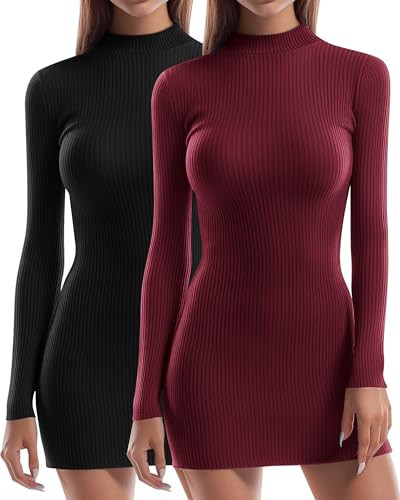 Riyiper 2 Pack Women's Mock Turtle Neck Ribbed Dresses Long Sleeve Knit Basic Casual Bodycon Mini Short Dress (Black, Wine Red,XL) | Amazon (US)