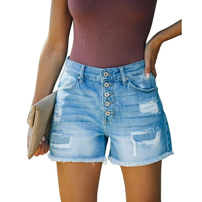 ONLYSHE Blue Frayed Denim Shorts for Women Pockets Mid Waist Ripped Hem Jean Shorts | Walmart (US)