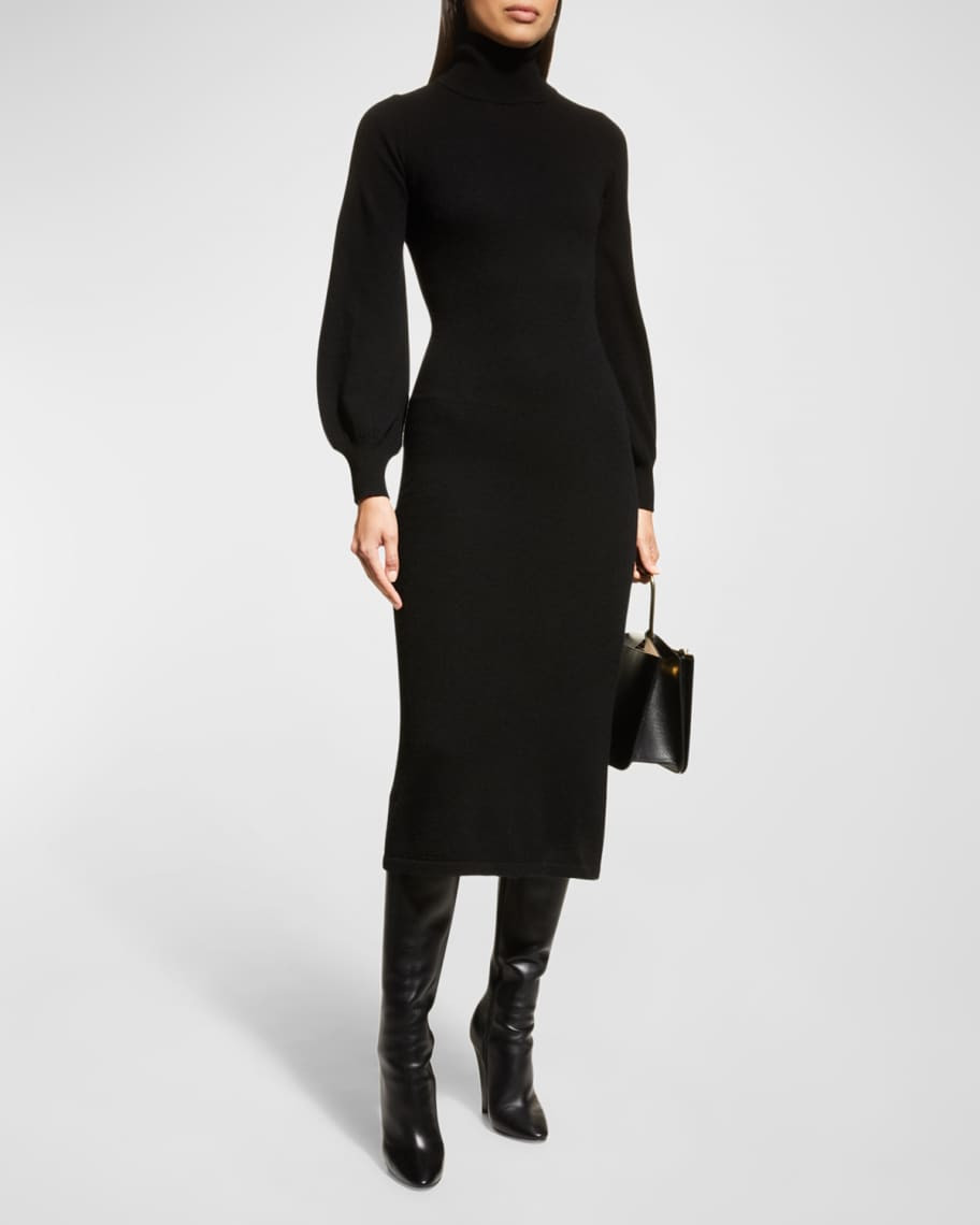 Blouson-Sleeve Turtleneck Cashmere Midi Dress | Neiman Marcus