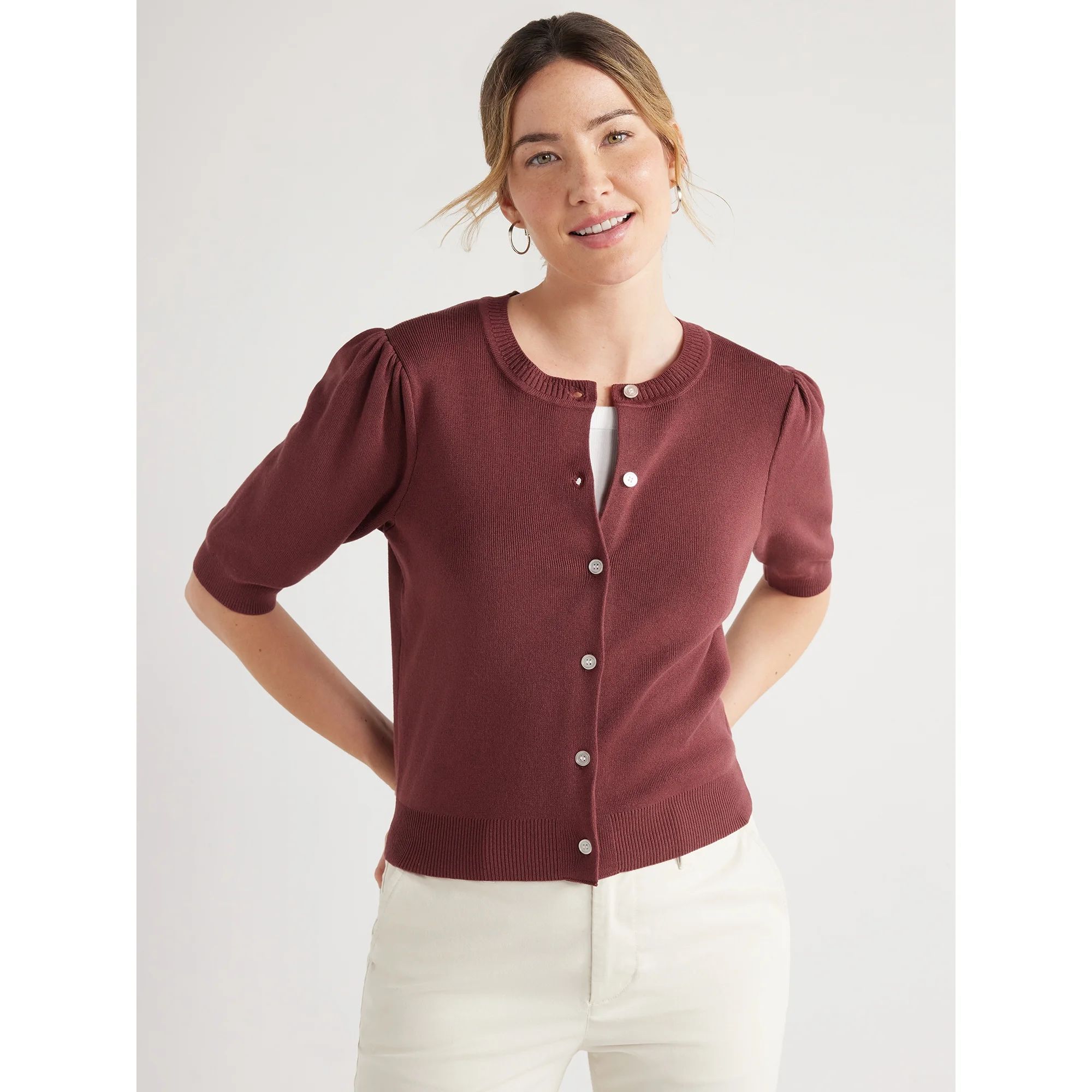 Free Assembly Women's Cardigan Sweater with Short Puff Sleeves, Midweight, Sizes XS-XXL | Walmart (US)