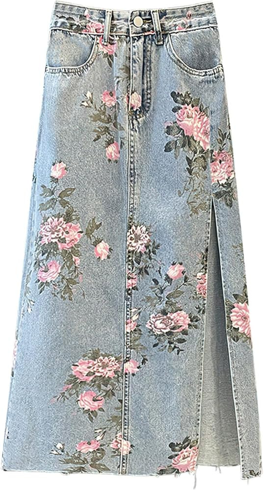 ebossy Women's Summer High Waist Side Slit Long Jean Skirts Floral Print Bodycon Pencil Skirt wit... | Amazon (US)