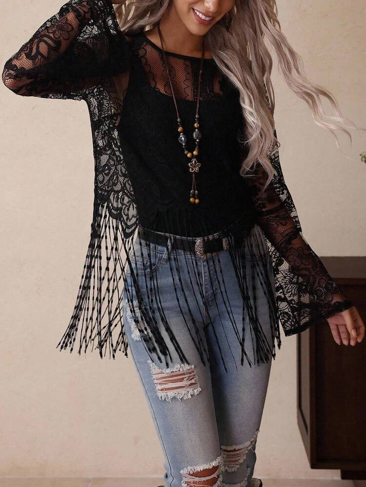 LanaWest Women's Bohemian Style Black Lace Fabric Round Neck Flare Sleeve Asymmetrical Tassel Hem High-End Design Semi-Sheer Casual Vacation Long Sleeve T-Shirt Top, Autumn Fall Cloth For Women | SHEIN