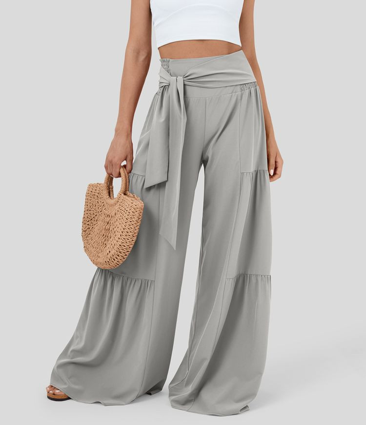 Breezeful™ High Waisted Shirred Tie Front & Back Plicated Wide Leg Flowy Quick Dry Casual Pants | HALARA