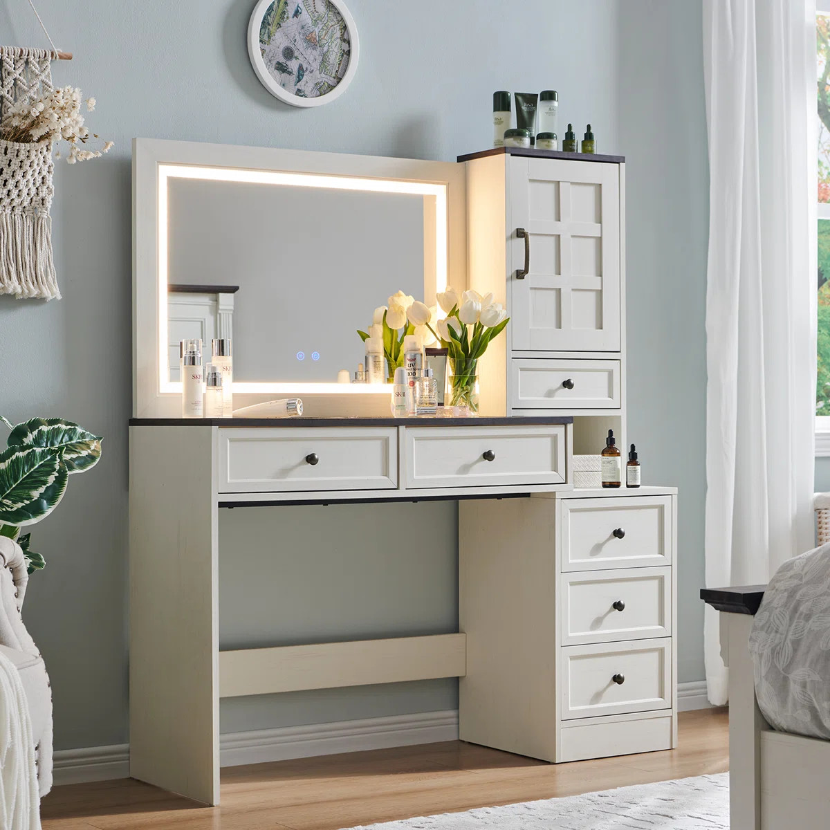 Farmhouse Vanity Desk with Touch Screen LED Mirror, 47" Big Make Up Table with 6 Drawers, Glass T... | Wayfair North America