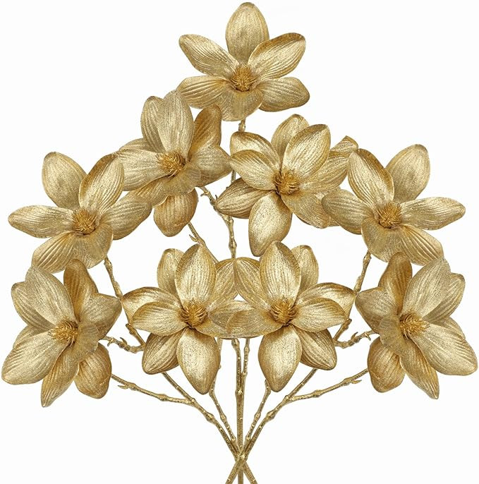 DILATATA 3 Pcs Gold Christmas Magnolia Flowers 17 Inch Metallic Gold Floral Stems Artificial Poin... | Amazon (US)