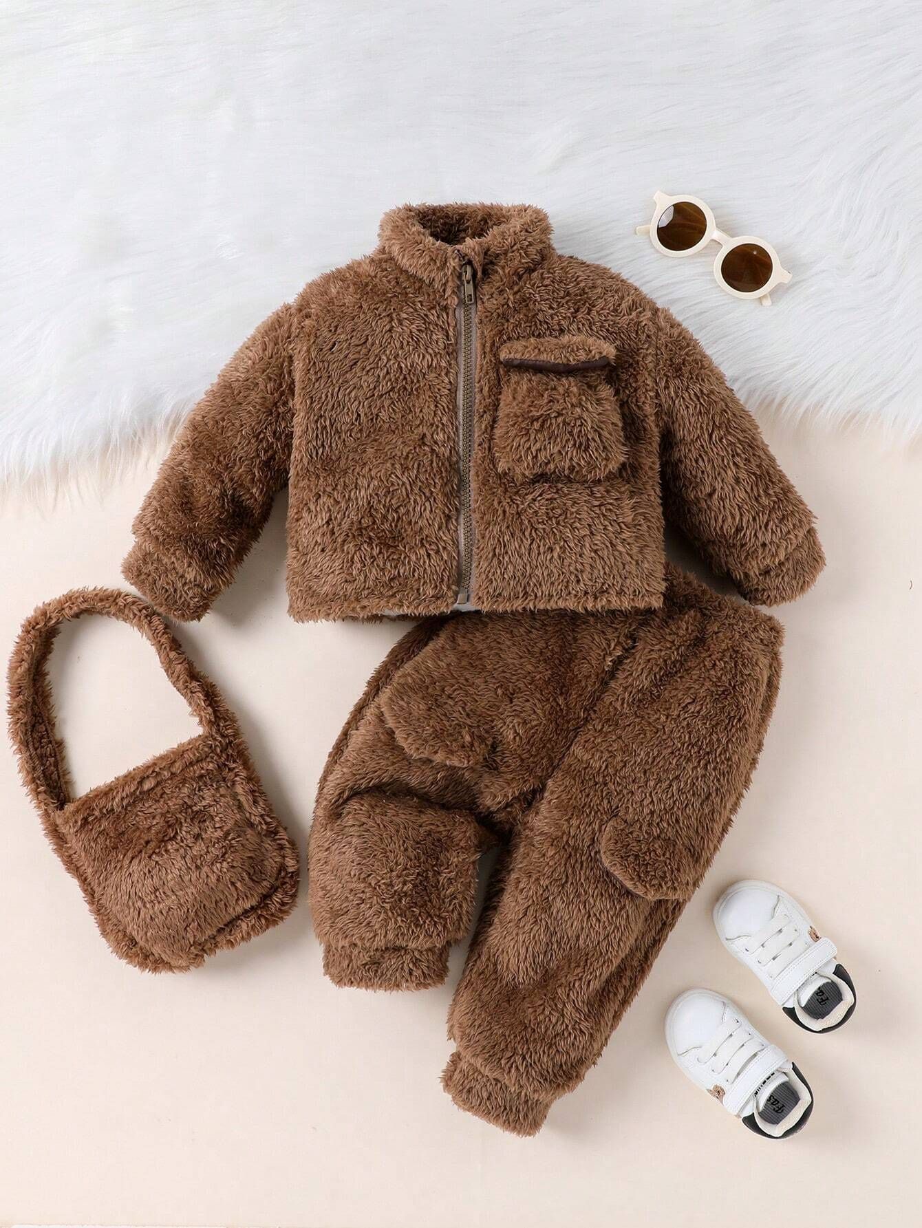 Baby Girl Zip Up Teddy Jacket & Pants & Bag | SHEIN