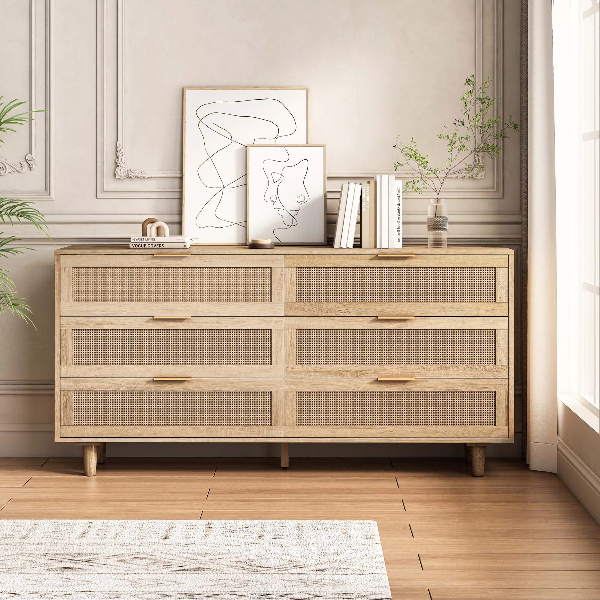 Abagayle 59'' Wide 6 - Drawer Dresser Rattan Bedroom Dresser Wood Dresser | Wayfair North America