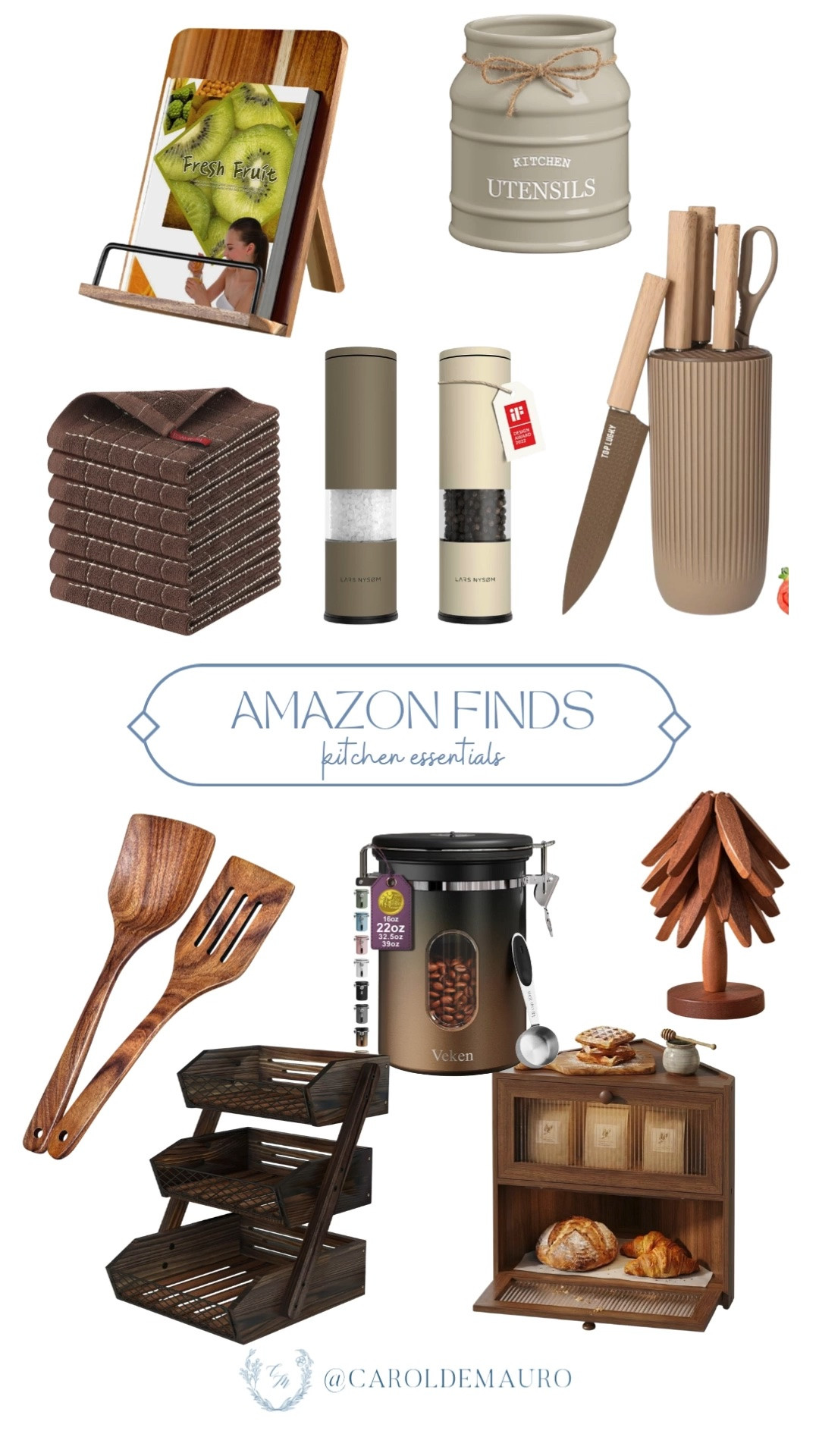 So many beautiful kitchen finds to add warmth to the counter! A bread box, wooden utensils, and coffee canister that all add warmth to the counter.

kitchen organization finds, kitchen essentials, aesthetic kitchen decor, affordable kitchen finds, recipe book holder, kitchen towels, folding trivets