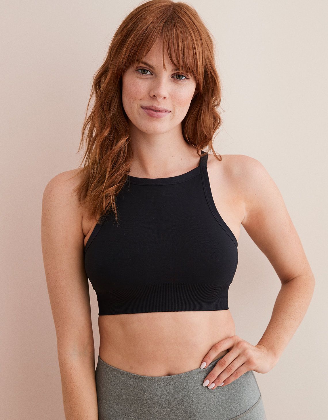 Aerie Play Seamless High Neck Sports Bra, True Black | American Eagle Outfitters (US & CA)