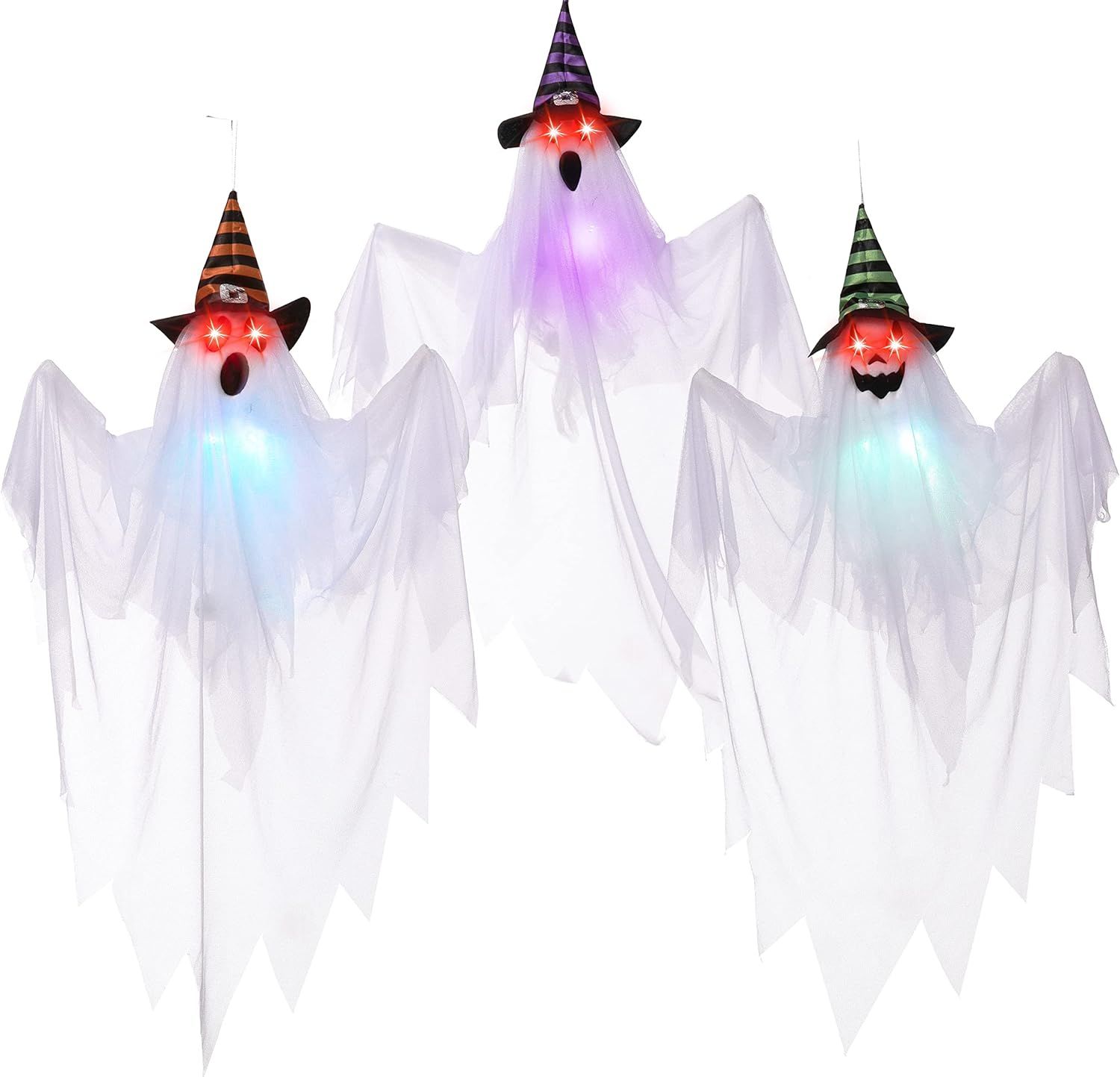 29.5'' Halloween Ghosts Decorations with Witch Hats (3 Pcs) , Light-up Hanging Ghost Decorations ... | Amazon (US)