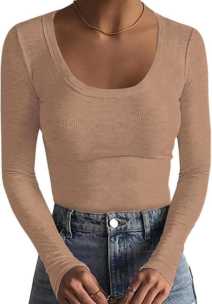 Basicspace Womens Scoop Neck Casual Ribbed T Shirt Long Sleeve Stretch Slim Fitted Basic Shirts | Amazon (US)