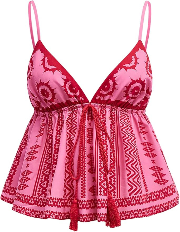 MakeMeChic Women's Paisley Print V Neck Camisole Spaghetti Strap Tie Front Ruffle Fringe Boho Tan... | Amazon (US)