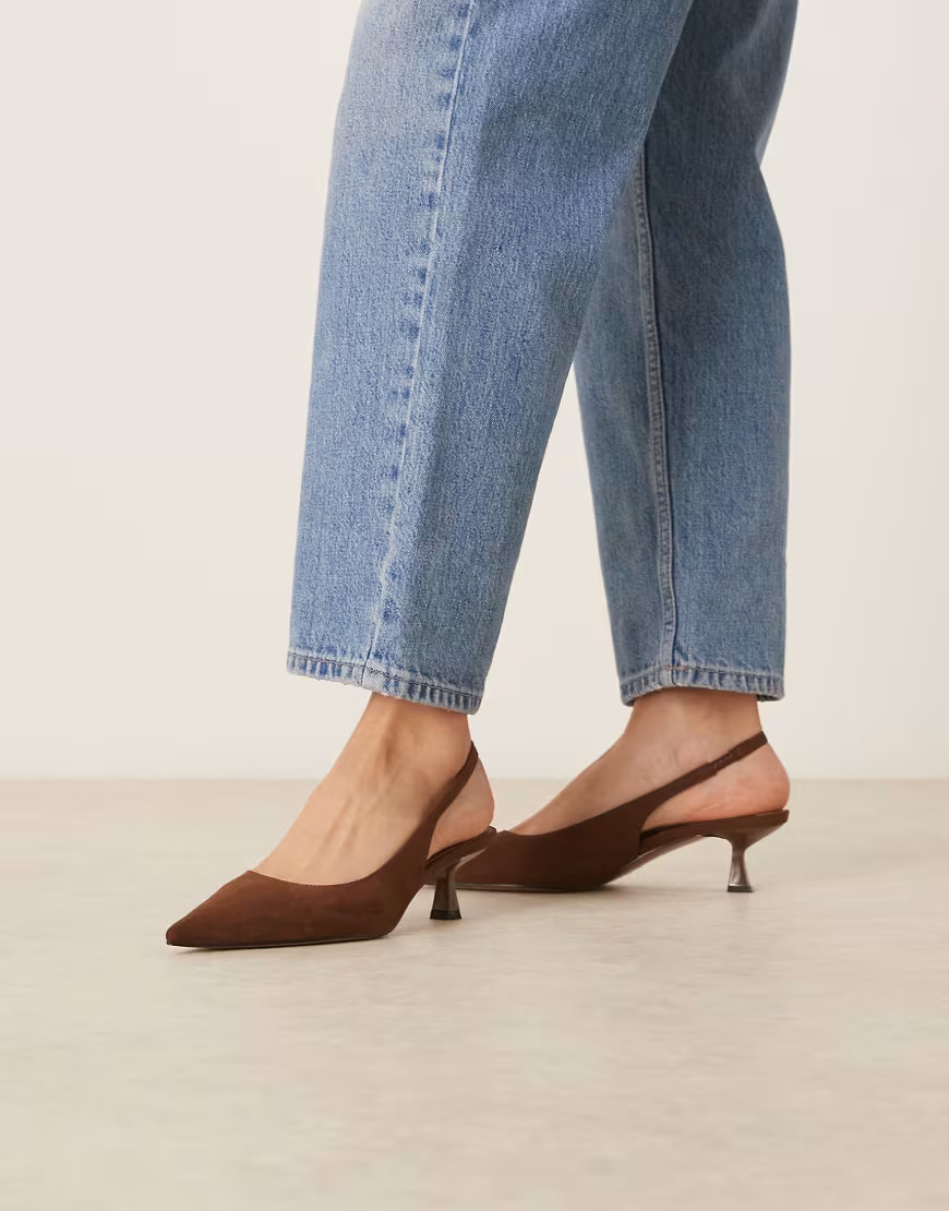 ASOS DESIGN Stroll slingback mid heeled shoes in brown suedette | ASOS (Global)