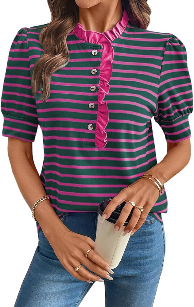 BLENCOT Summer T Shirt for Women Casual Puff Sleeve Button Down Ruffle Collar Striped Knit Blouse... | Amazon (US)